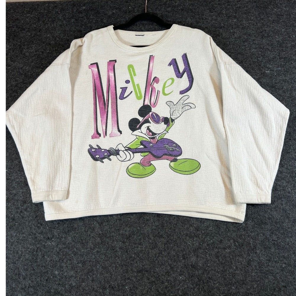 VINTAGE Mickey Mouse Guitar Sweatshirt Womens XL Cream Waffle Crewneck Oversized